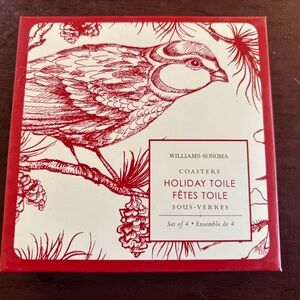 Williams Sonoma NWT Christmas toile cork backed Bird Coasters Set